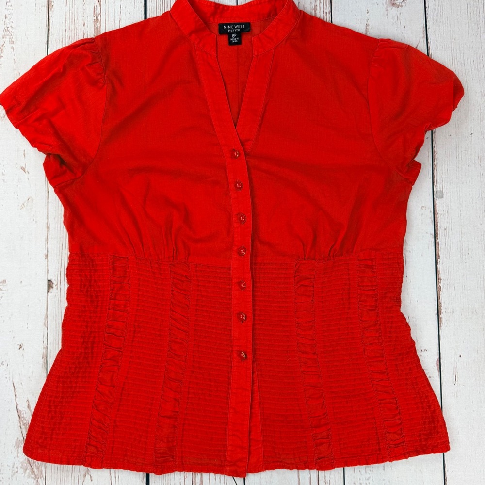 Nine West Petite Red Short Sleeve Button Down Smocked Waist Blouse Size 6P